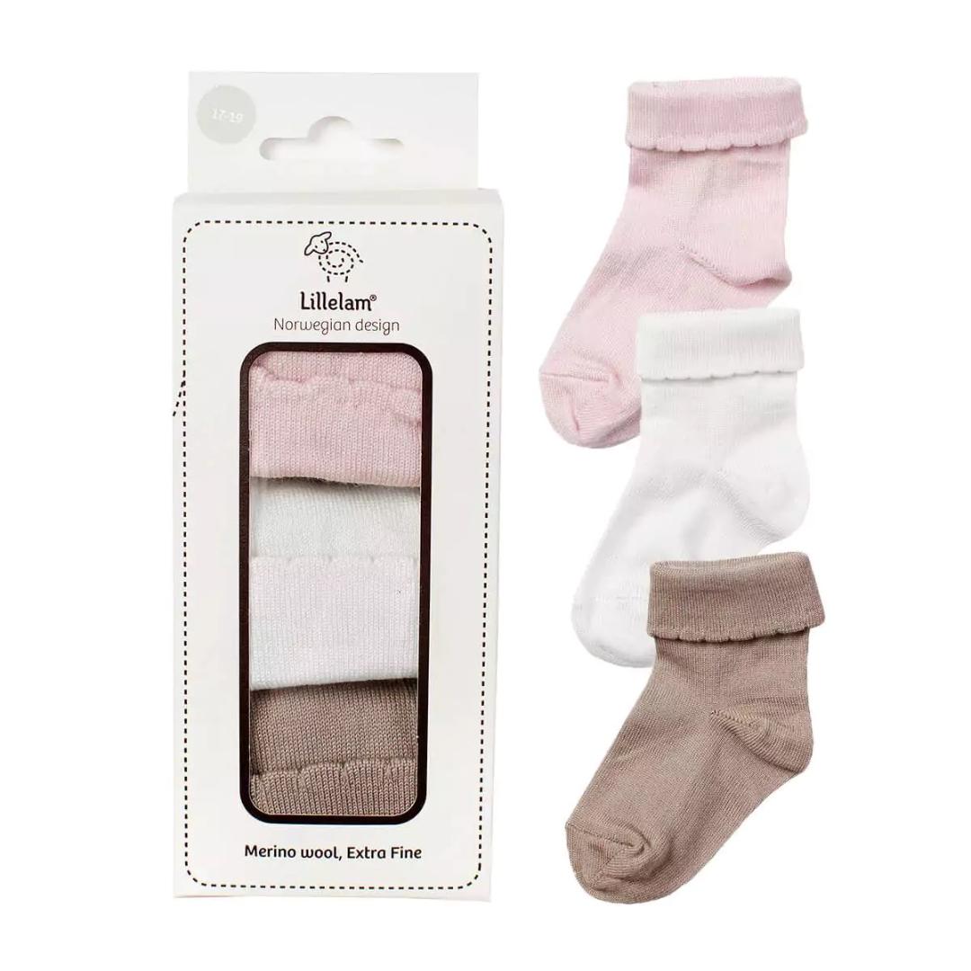 Lillelam – Ulsokk 3-pak med merinoull – Lyserosa/Offwhite/Beige – Jente – 0-3 år