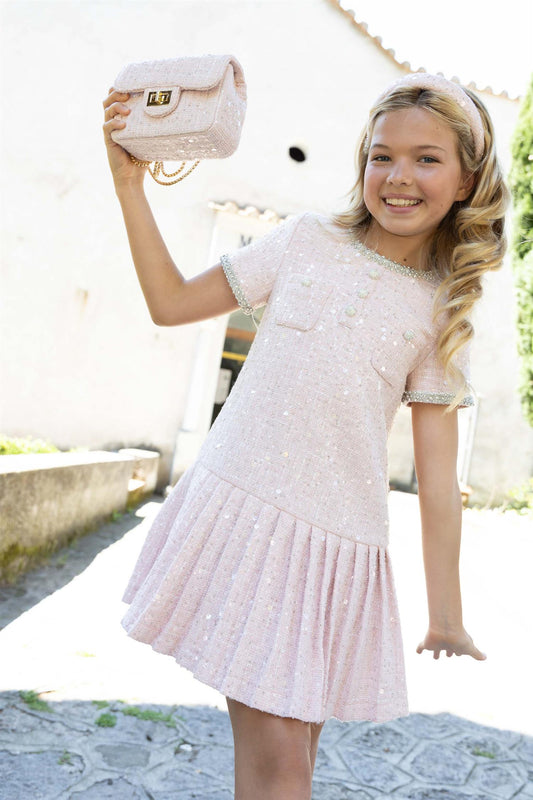 Prinsessefin - Elise Pearl Tweed Kjole - Rosa - Jente - 4-12 år