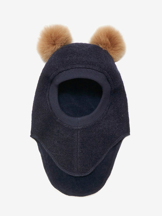 Huttelihut - Lue - Ull - Balaclava - Dusker - Pompoms - Unisex - Mørkeblå - str 2-6 år
