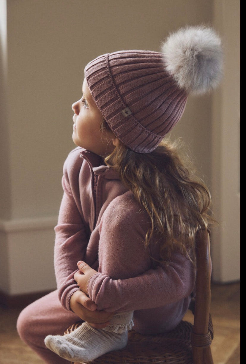 Huttelihut - Hat Knit Alpaca Pom Pom - Rosa - Jente - 6-10 år