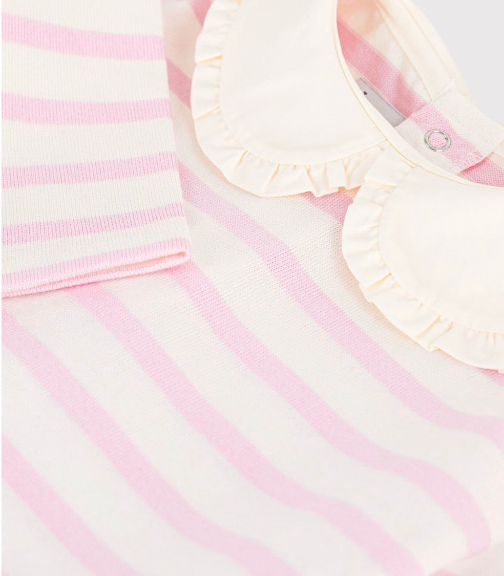 Petit Bateau – Genser med striper og krage – Rosa og offwhite – Jente – 1-3 år
