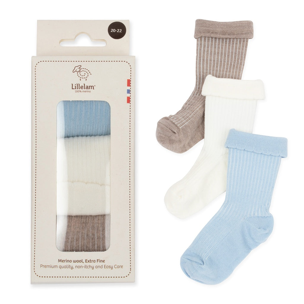Lillelam – 3pk Ullsokk med god passform – Lyseblå/Offwhite/Beige – Gutt – 0-3 år