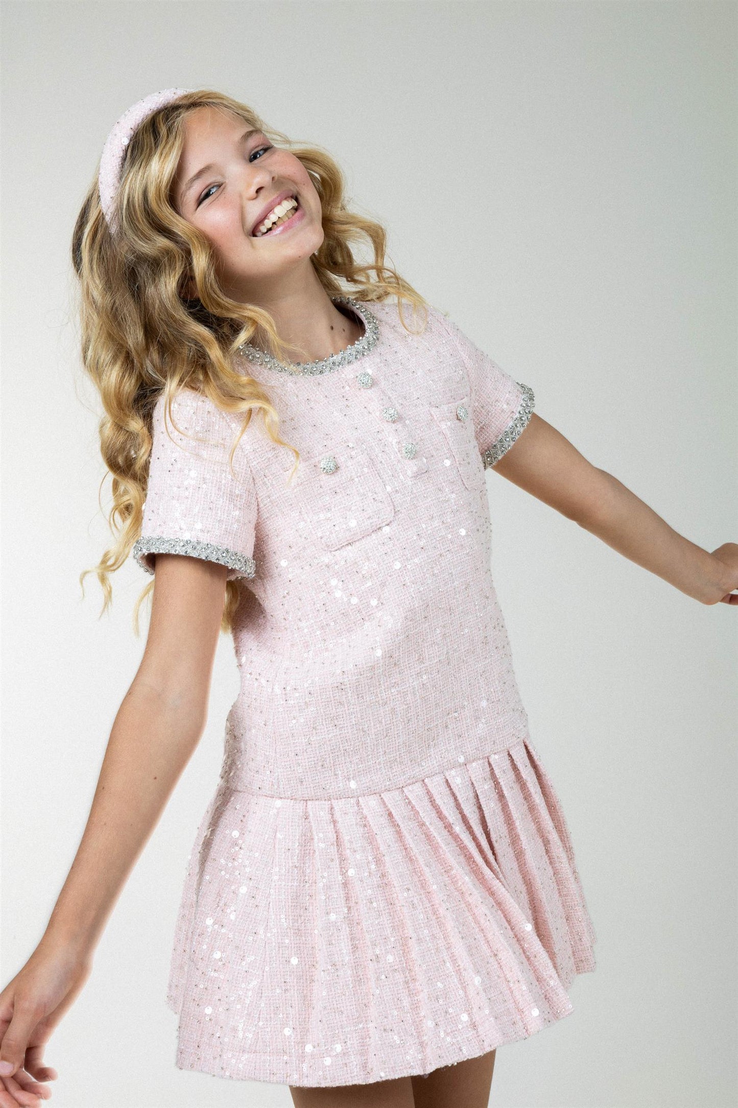 Prinsessefin - Elise Pearl Tweed Kjole - Rosa - Jente - 4-12 år