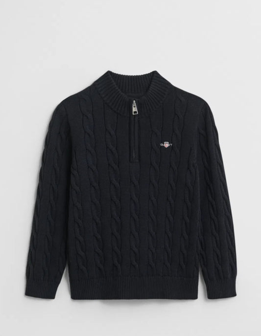 Gant flettet halfzip strikkegenser i mørkeblå for gutt 2–8 år