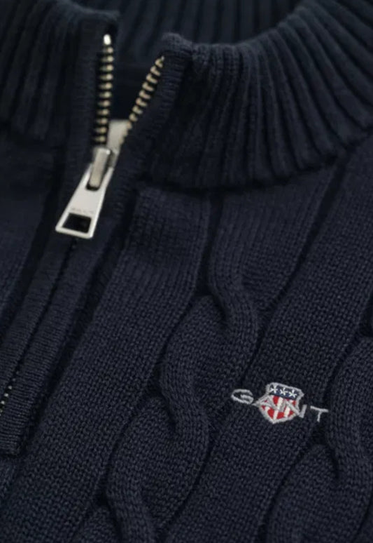 Gant flettet halfzip strikkegenser i mørkeblå for gutt 2–8 år