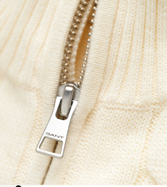 Gant flettet halfzip strikkegenser i offwhite for gutt 3–8 år