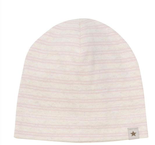 Huttelihut melange ribbestrikket lue beige med rosa striper for jente
