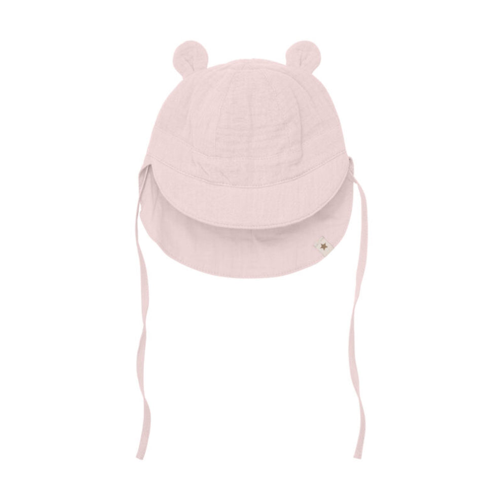 Huttelihut solhatt i gammelrosa muslin med ører for jente