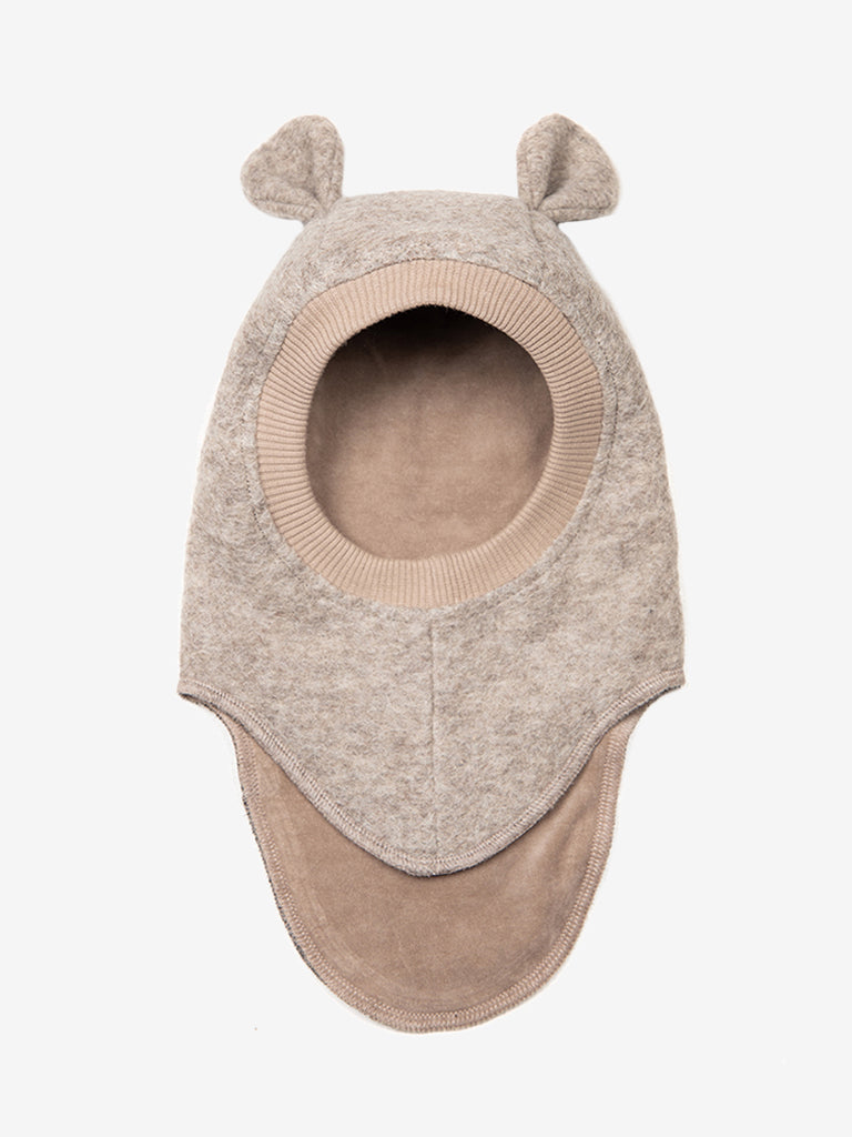 Camel Melange Huttelihut balaclava med bjørneører i ull unisex barn 0–6 år