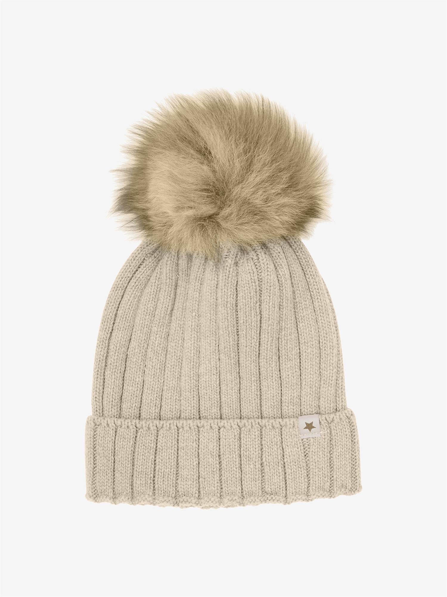 Lys beige Huttelihut ull lue med dusk unisex 4–10 år