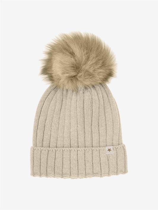 Lys beige Huttelihut ull lue med dusk unisex 4–10 år