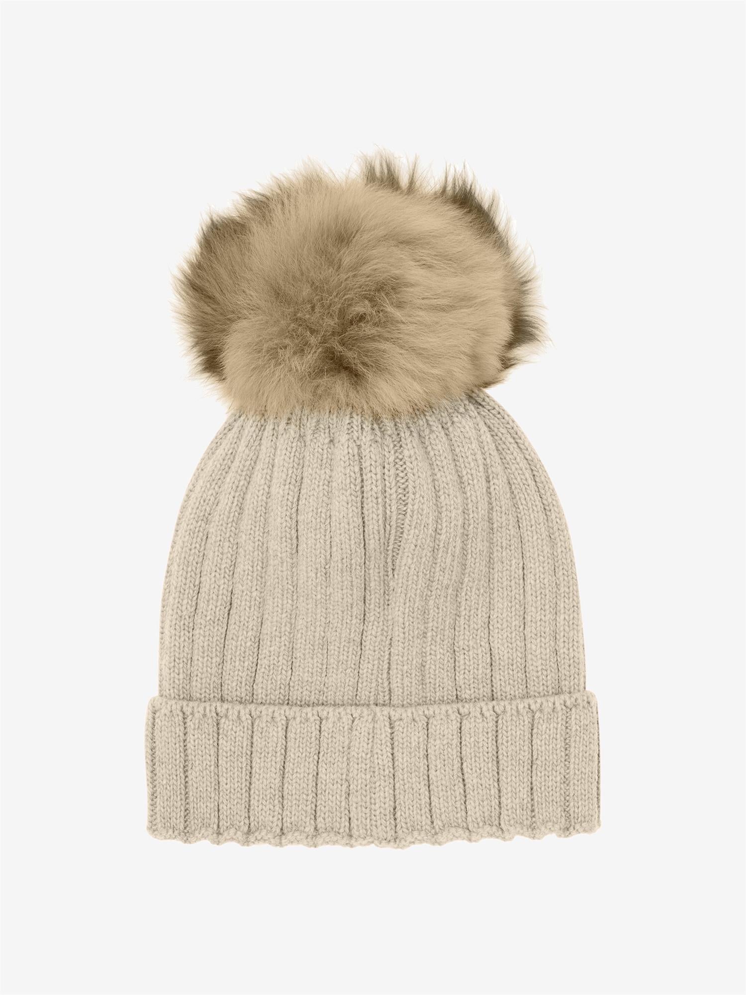 Lys beige Huttelihut ull lue med dusk unisex 4–10 år