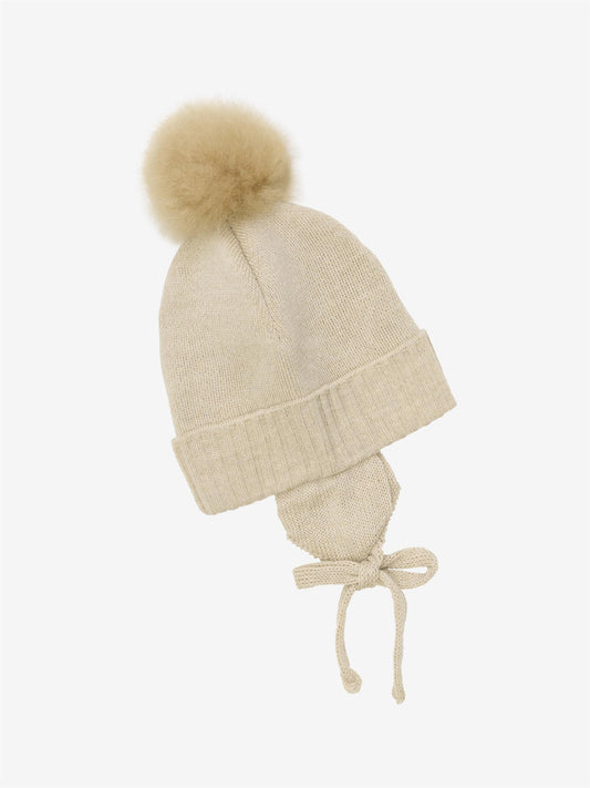 Lys beige Huttelihut ull lue med dusk unisex barn 0–2 år