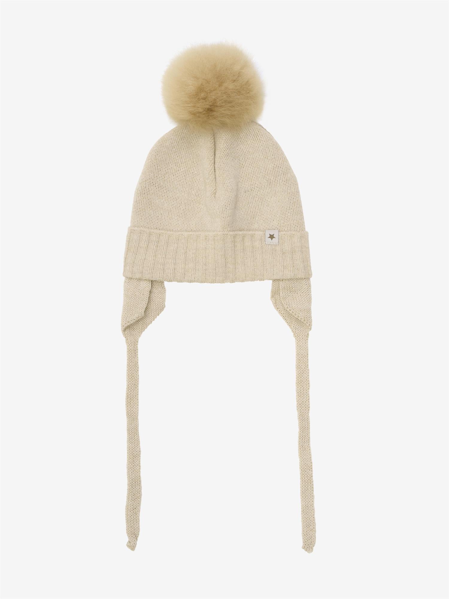 Lys beige Huttelihut ull lue med dusk unisex barn 0–2 år