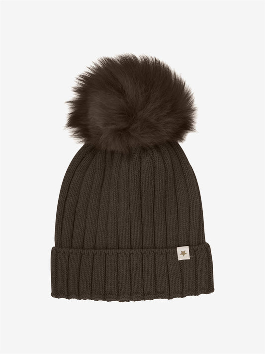 Mørk brun Huttelihut ull lue med dusk unisex 4–10 år