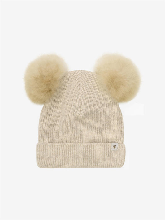 Lys beige Huttelihut ull lue med to dusker unisex barn 1–6 år