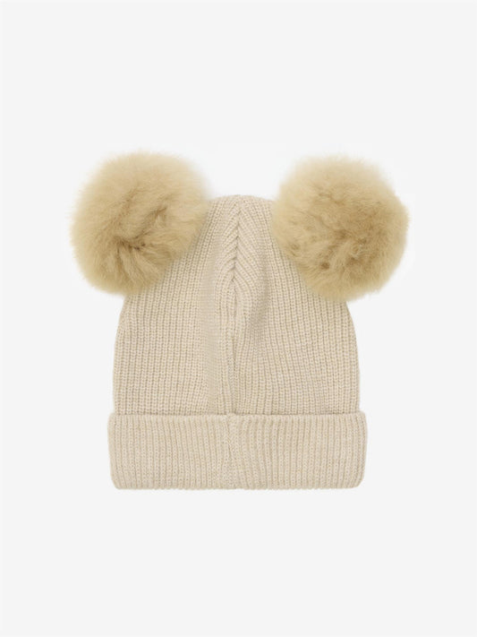 Lys beige Huttelihut ull lue med to dusker unisex barn 1–6 år