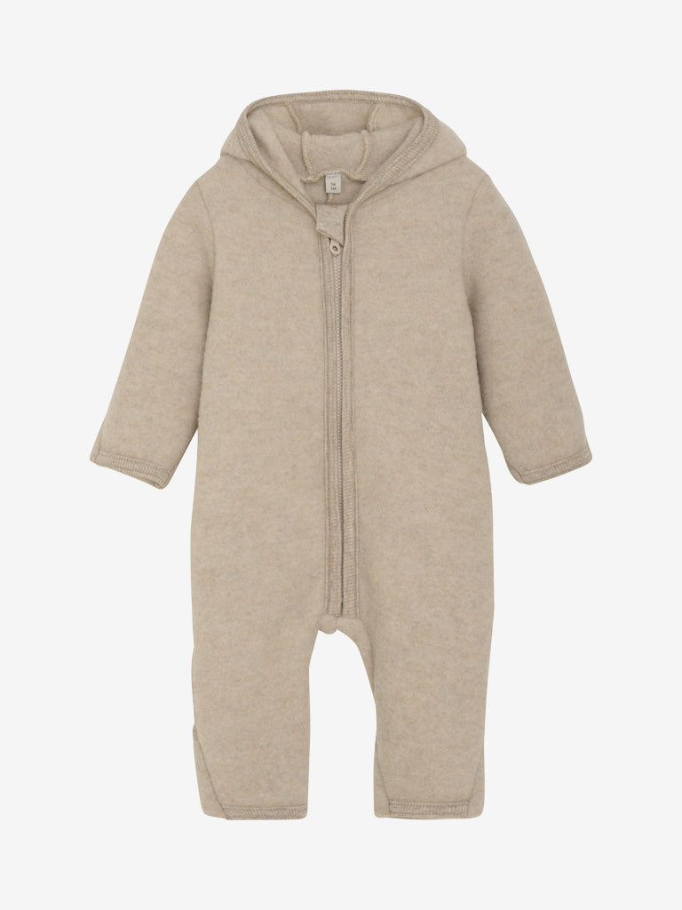 Lys beige Huttelihut ullfleece kjeldress med ører unisex barn 1–18 mnd