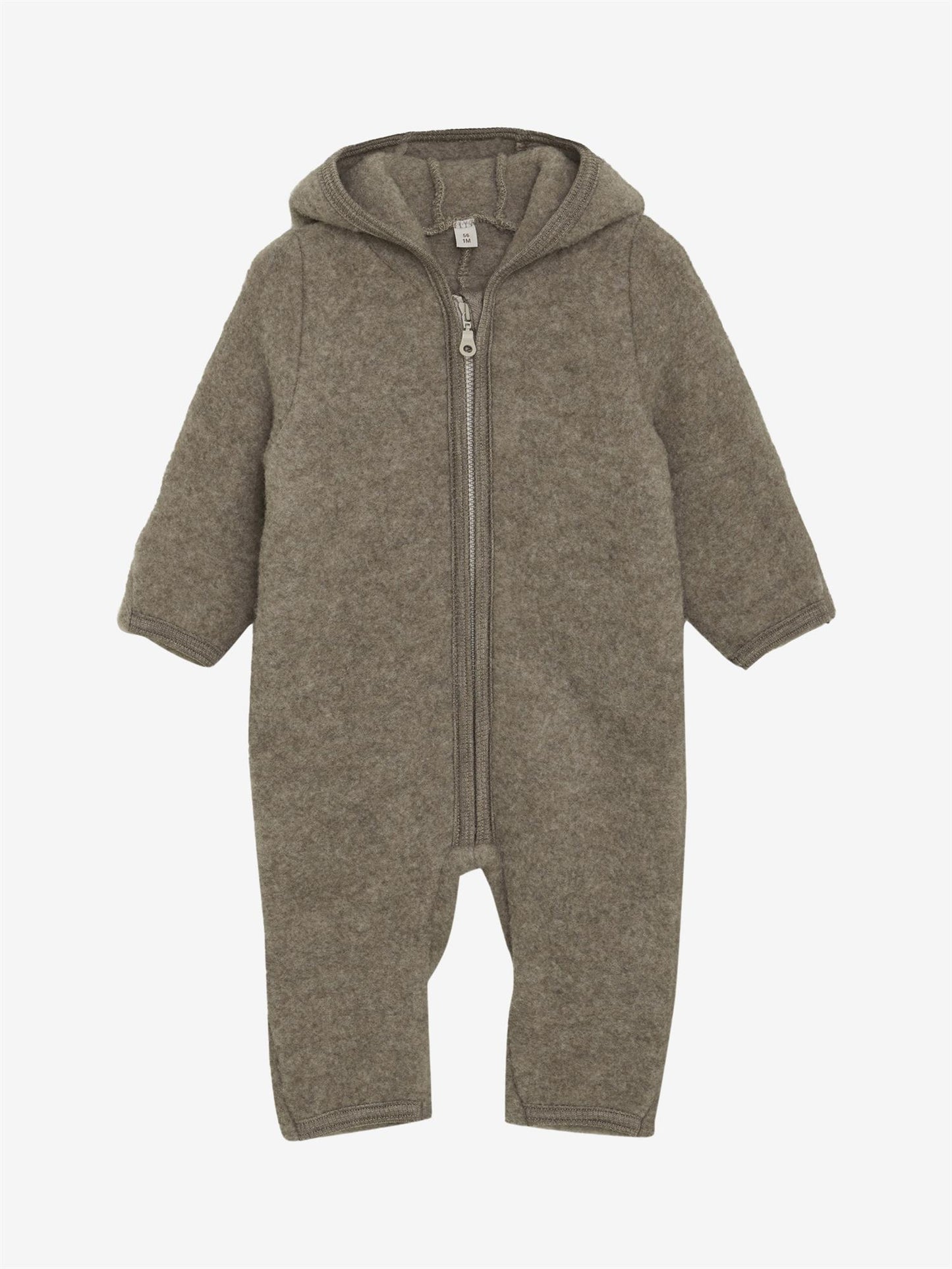 Mørk beige Huttelihut ullfleece kjeldress med ører unisex barn 1–18 mnd