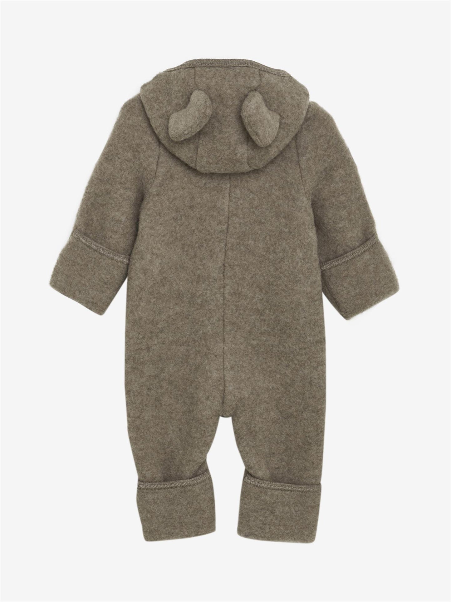 Mørk beige Huttelihut ullfleece kjeldress med ører unisex barn 1–18 mnd