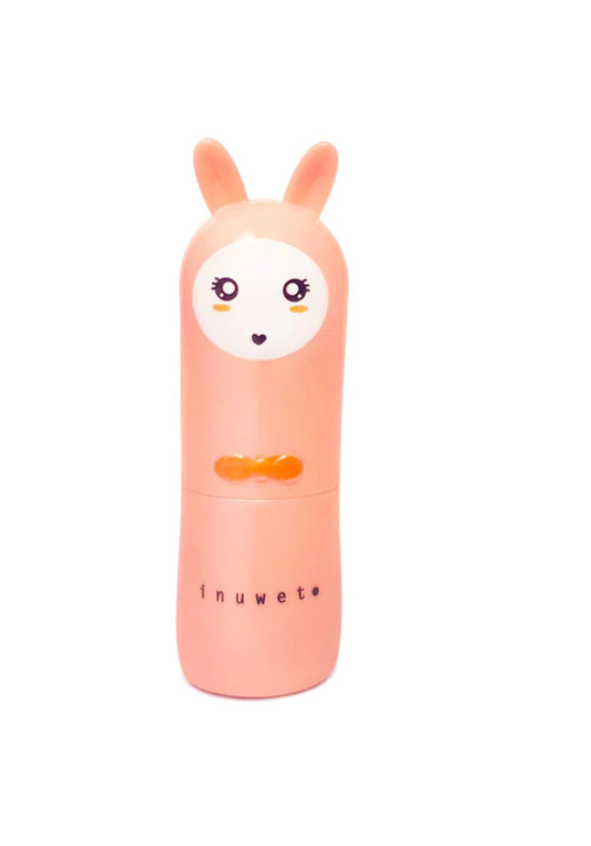 Ferskenfarget lip balm fra inuwet med kaninform og coco vanilla-duft – for jente
