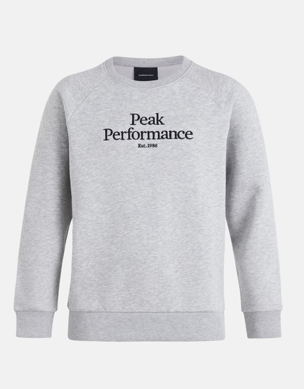 Grå Peak Performance genser til barn og junior – JR ORIGINAL CREW med sort logotrykk på brystet