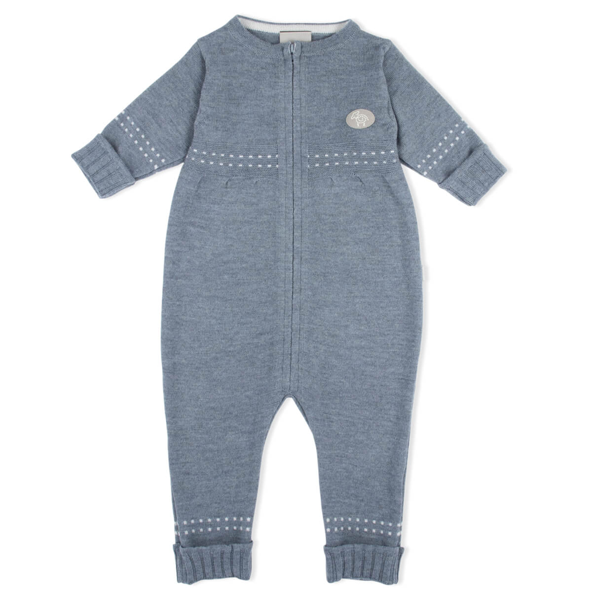 Mellomblå sparkedress i tynn merinoull fra Lillelam med glidelås og praktiske brettkanter.