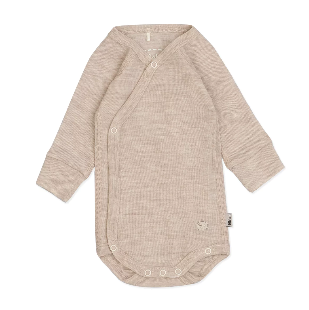 Beige ullbody i merinoull for baby fra Lillelam med omslagsdesign