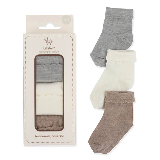 3-pk ullsokker fra Lillelam i gråtoner – gavepakke – til gutt