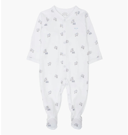 Livly footie i hvit med sauemønster for gutt 0–6 mnd