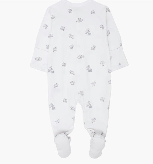 Livly footie i hvit med sauemønster for gutt 0–6 mnd