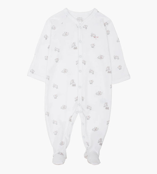 Livly footie i hvit med sauemønster for jente 0–6 mnd
