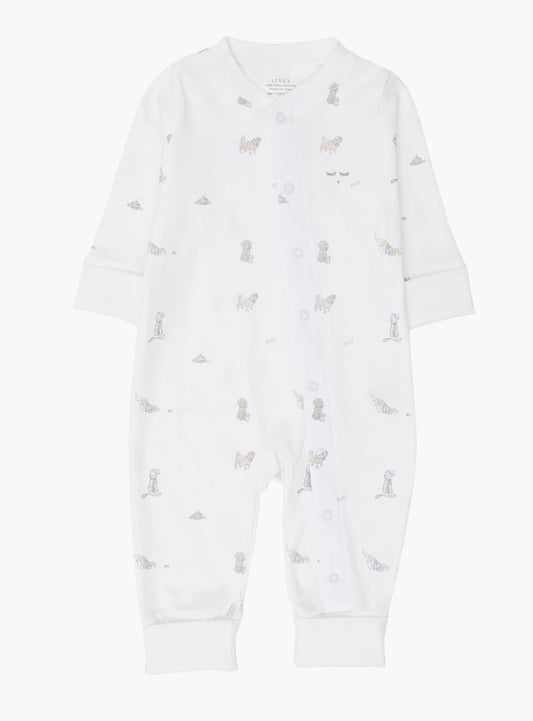 Heldress med hunde-print i hvit bomull fra Livly – Unisex