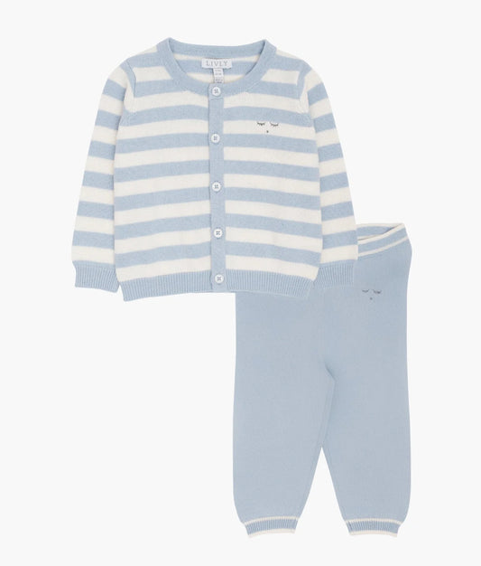 Livly 2-delt strikkesett i hvit og lysblå med striper på jakke og ensfarget bukse for gutt 0–2 år