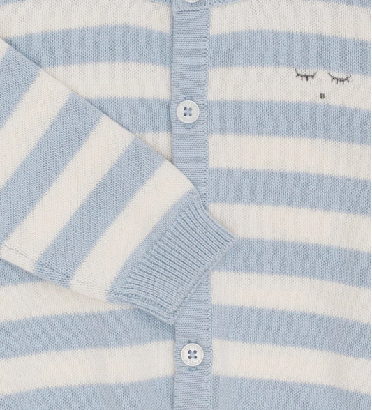 Livly 2-delt strikkesett i hvit og lysblå med striper på jakke og ensfarget bukse for gutt 0–2 år
