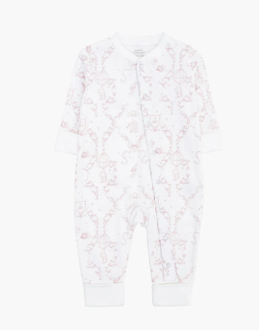 Heldrakt fra Livly i hvit med rosa Wonderland-print og glidelås, jente 0–12 mnd