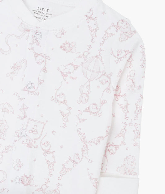 Heldrakt fra Livly i hvit med rosa Wonderland-print og glidelås, jente 0–12 mnd