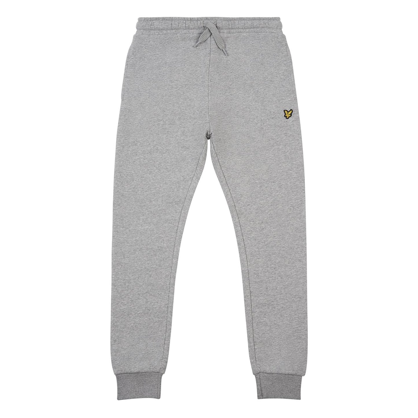 Lyle & Scott grå joggebukse med lommer og gul logo – sett forfra og fra siden.