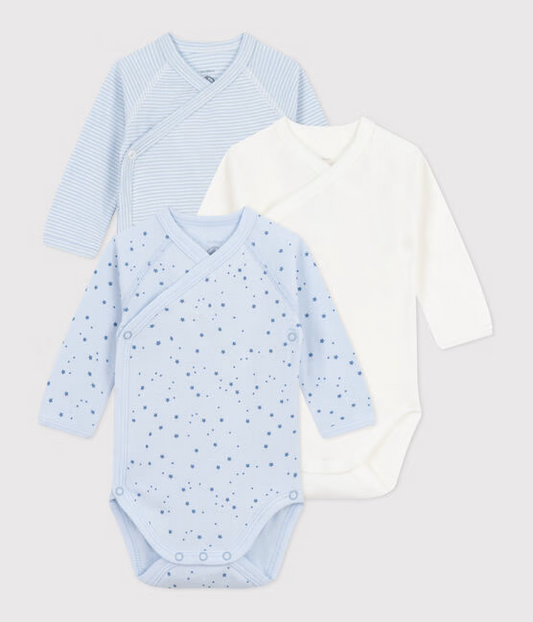 3 pk body fra Petit Bateau i blå og mønstret for gutt.