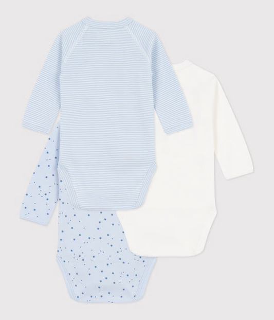 3 pk body fra Petit Bateau i blå og mønstret for gutt.