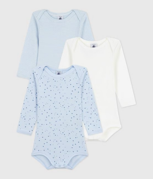 3 pk body fra Petit Bateau i blå og mønstret for gutt.