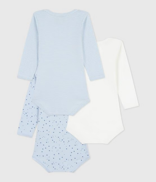 3 pk body fra Petit Bateau i blå og mønstret for gutt.