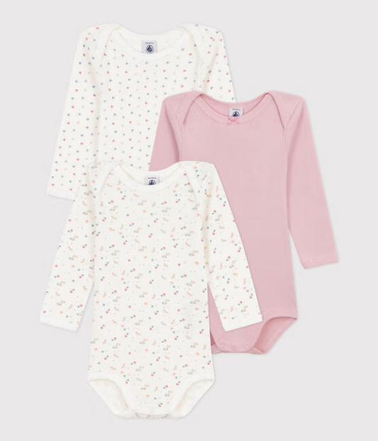 3 pk body fra Petit Bateau i rosa og mønstret for jente.