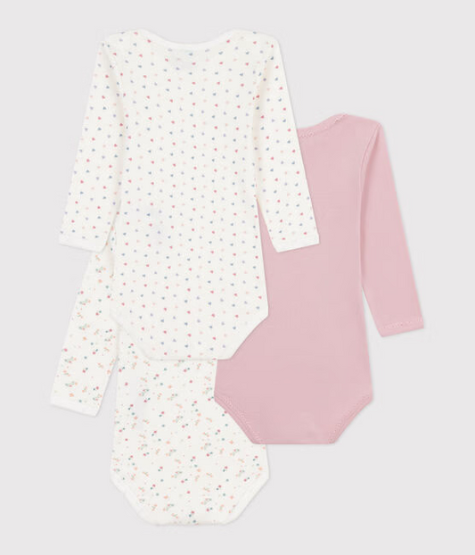 3 pk body fra Petit Bateau i rosa og mønstret for jente.