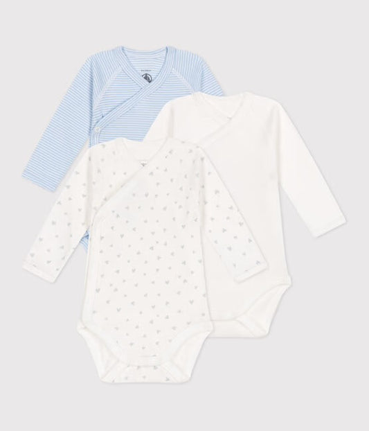 3-pakning bodyer fra Petit Bateau i blå og hvit – Gutt 0–1 år.