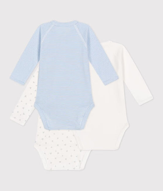 3-pakning bodyer fra Petit Bateau i blå og hvit – Gutt 0–1 år.