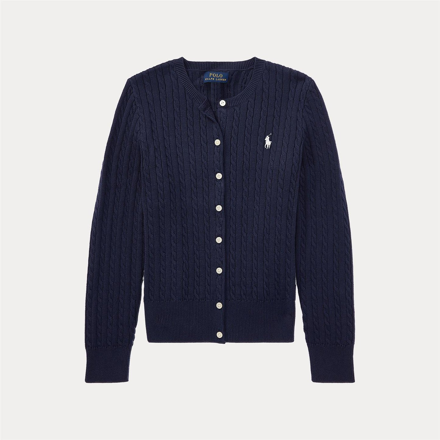 olo Ralph Lauren cardigan i blå farge med brodert logo på brystet, tilgjengelig i størrelsene 7 år, 8-10 år, 12-14 år og 16 år.