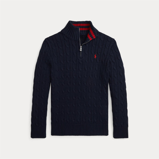 Mørkeblå half zip-genser i 100% bomull med flettemønster fra Polo Ralph Lauren.