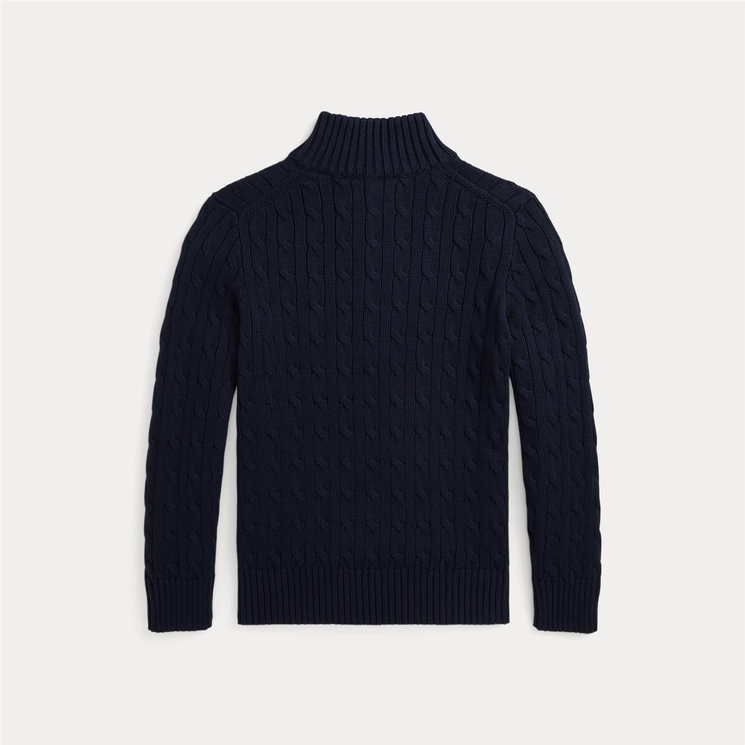 Mørkeblå half zip-genser i 100% bomull med flettemønster fra Polo Ralph Lauren.
