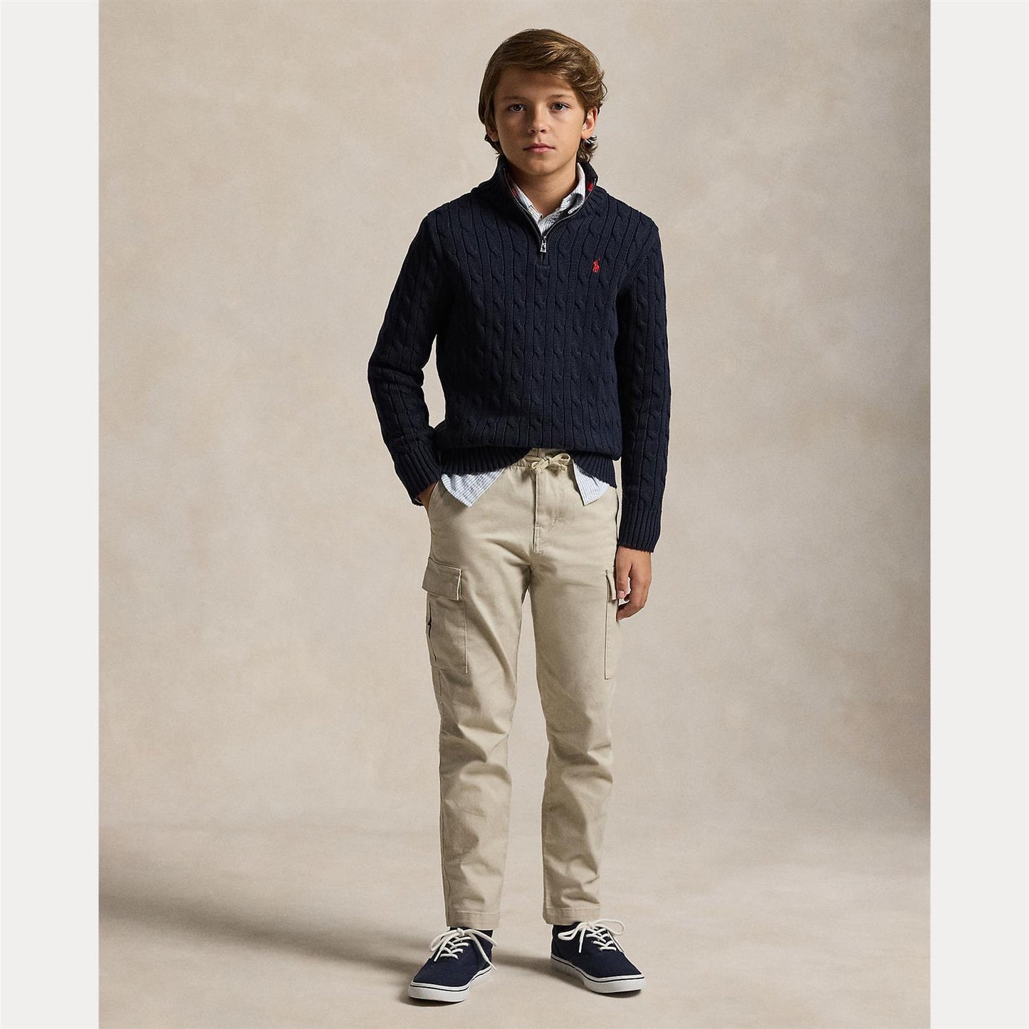 Mørkeblå half zip-genser i 100% bomull med flettemønster fra Polo Ralph Lauren.